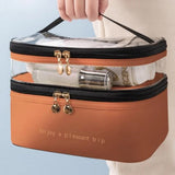 Double Layer Cosmetic Bag Portable Makeup Bag Organizer Travel Toiletry Bag Brown