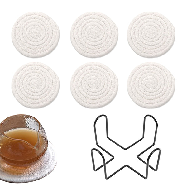 6Pcs Cup Coasters Set Heat Resistant Coaster Braided with Holder White