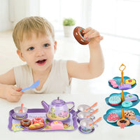 Kids Tea Set Toys Tin Tea Set with Carrying Case Pretend Toy for Little Girls and Boys Style 1