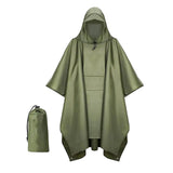 3-in-1 Unisex Hooded Rain Poncho Raincoat Jacket for Hiking Camping Army Green