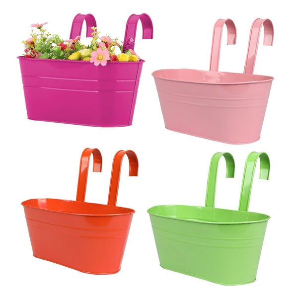 4 Colors Hanging Flower Pot Metal Bucket Hanging Planters for Outdoor Plants