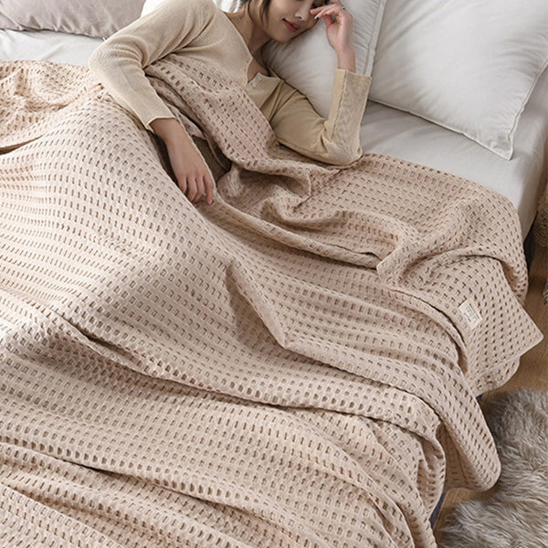100% Cotton Blanket Cozy Waffle Weave Blanket Soft Quilt Khaki