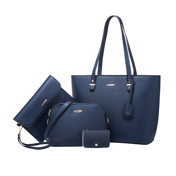 4-Piece Womens Purses and Handbags Set Tote Bag Shoulder Bag Card Holder Navy