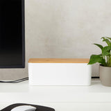 Home Office Cable Management Box Socket Safety Storage Organizer with Bamboo Lid White