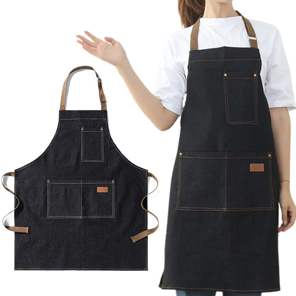 Adjustable Denim Apron with 3 Pockets Unisex Jean Apron for Work Kitchen Cooking Black