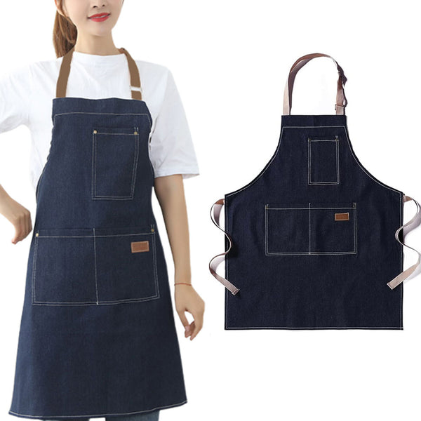 Adjustable Denim Apron with 3 Pockets Unisex Jean Apron for Work Kitchen Cooking Blue