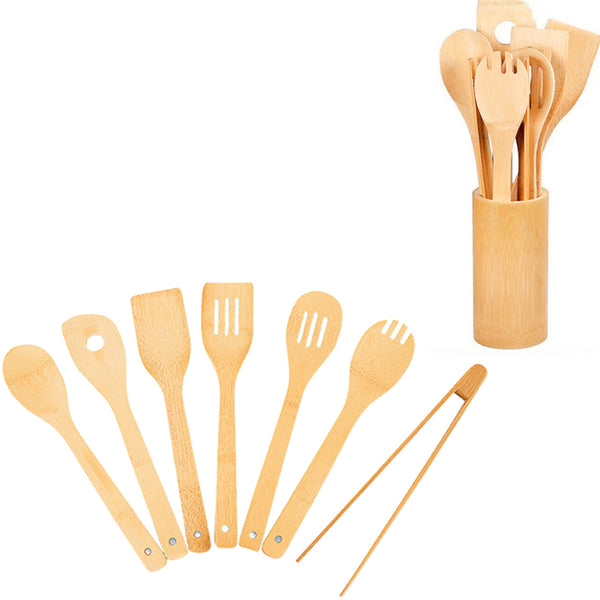 8Pcs Set Bamboo Cooking Utensils Set Spoons Spatula Kitchen Utensil Set for Cooking with Holder