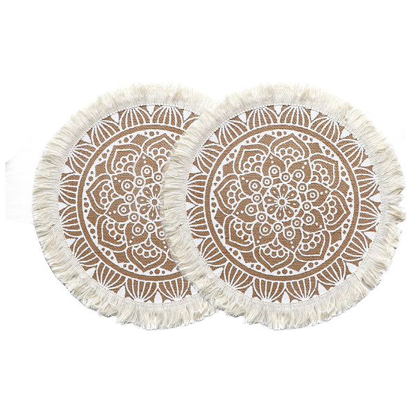 Set of 2Pcs Jute Woven Coaster Round Placemat Kitchen Dining Table Decor Style 4