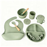 10-Piece Silicone Baby Feeding Set – Suction Plate Bowl Bib Cup and Utensils Army Green