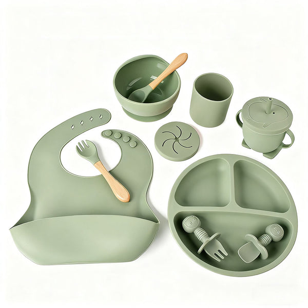 10-Piece Silicone Baby Feeding Set – Suction Plate Bowl Bib Cup and Utensils Army Green