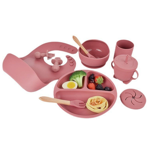 10-Piece Silicone Baby Feeding Set – Suction Plate Bowl Bib Cup and Utensils Brick Red