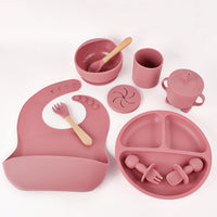 10-Piece Silicone Baby Feeding Set – Suction Plate Bowl Bib Cup and Utensils Brick Red