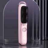 Portable Hair Straightening Brush with LED Display  3-Temperature Adjustable USB Rechargeable Styling Brush Pink