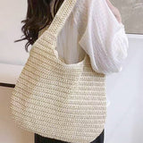 Vacation Style Straw Woven Shoulder Beach Tote Bag Beige
