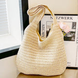 Vacation Style Straw Woven Shoulder Beach Tote Bag Beige