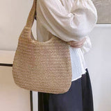 Vacation Style Straw Woven Shoulder Beach Tote Bag Khaki