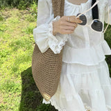 Vacation Style Straw Woven Shoulder Beach Tote Bag Khaki