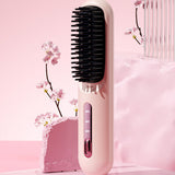 Wireless Hair Straightening Brush for Fast Heating and Portable Use Pink