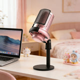 USB Condenser Gaming Microphone with RGB Lighting Adjustable Stand for Recording Streaming Pink