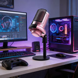 USB Condenser Gaming Microphone with RGB Lighting Adjustable Stand for Recording Streaming Pink