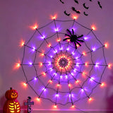 1.2m LED Spider Web Light Halloween Decoration with Plush Spider Toy Battery Powered Hanging Spider Net Lights for Indoor Porch Party Purple and Orange