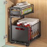 2-Tier Pull Out Under Sink Organizer Adjustable Height Cabinet Storage Rack Sliding Drawer Organizer for Kitchen Bathroom Black