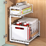 2-Tier Pull Out Under Sink Organizer Adjustable Height Cabinet Storage Rack Sliding Drawer Organizer for Kitchen Bathroom White