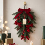 60cm Christmas Wreath with Velvet Bows Festive Door Wall Decoration for Home and Shop Christmas Teardrop Hanging with Lights