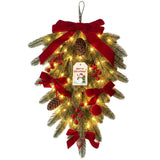 60cm Christmas Wreath with Velvet Bows Festive Door Wall Decoration for Home and Shop Christmas Teardrop Hanging with Lights