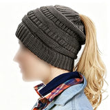 Women's High Bun Ponytail Hat Cable Knit Winter Beanie for Girls Grey