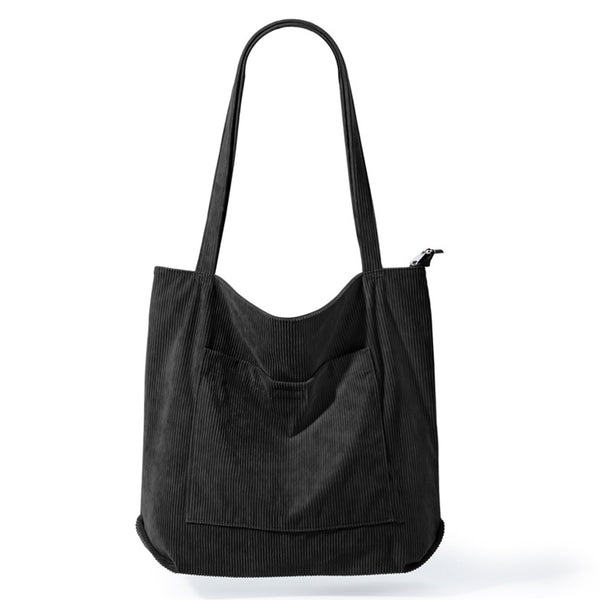 Women Corduroy Tote Bag Shoulder Hobo Bag Big Capacity Shopping Work Bag Black