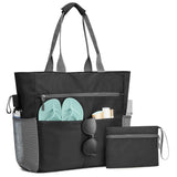Large Foldable Sandproof Beach Tote Bag with Zipper Shoulder Bag Black