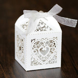 50 PCS Laser Cut Pearl Paper Candy Favor Boxes with Ribbons White