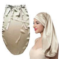 100%Silk Long Bonnet Sleep Cap Long Satin Night Cap Khaki