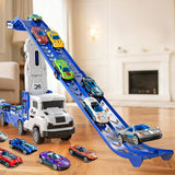 Large Transporter Truck Toy with Dual Track and 6 Alloy Racing Cars Blue