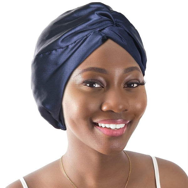 100% Silk Bonnet Sleep Cap for Women Hair Care Adjustable Knotted Turban Hat Navy