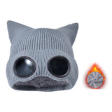 Double Layer Winter Beanie with Goggles Cute Cat Ear Knit Hat for Winter Gray