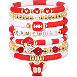 7 Piece Football Clay Bead Bracelet Stack Set Elastic Red