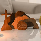 4Pcs Set Wooden Empty Tomb Easter Scene and Cross Decoration Home Office Tabletop Shelf Decor