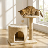 Cat Tree Tower Small with Enclosed Condo Scratching Post Hanging Toy Beige