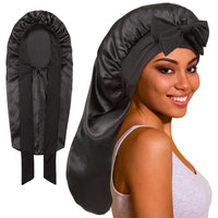 Double-Side Long Hair Bonnet for Sleeping Women Sleeping Cap with Tie Band Black