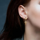 Unisex Cross Dangle Hoop Huggie Earrings – Stainless Steel Ear Studs for Men & Women