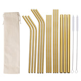 17Pcsk Reusable Stainless Steel Metal Straws with Cleaning Brushes and Pouch Gold