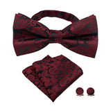 4 Piece Pre Tied Bow Tie Pocket Square and Cufflink Set Jacquard Red