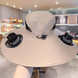 Solar Rechargeable Fan Hat with Dual Fans for Fishing Camping Outdoor Beige