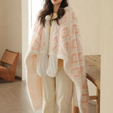 Winter Warm Blanket Jacquard Thickened Multi-Functional Blanket with Hood and Gloves Pink