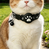 Adjustable Cat Collar with Holder Compatible with Apple AirTag Reflective Collar with Bell for Kittens Cats Black
