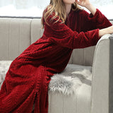 Unisex Bathrobe for Womens Flannel Fleece Robes Winter Warm Housecoat Nightgown Sleepwear Wine Red