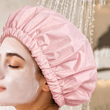 Reusable Polyester Satin Shower Cap Double-Layer Water-Resistant for Women Light Pink