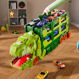 Foldable Dino Carrier Truck Dual Tracks with 6 Mini Cars for Home Outdoors Green